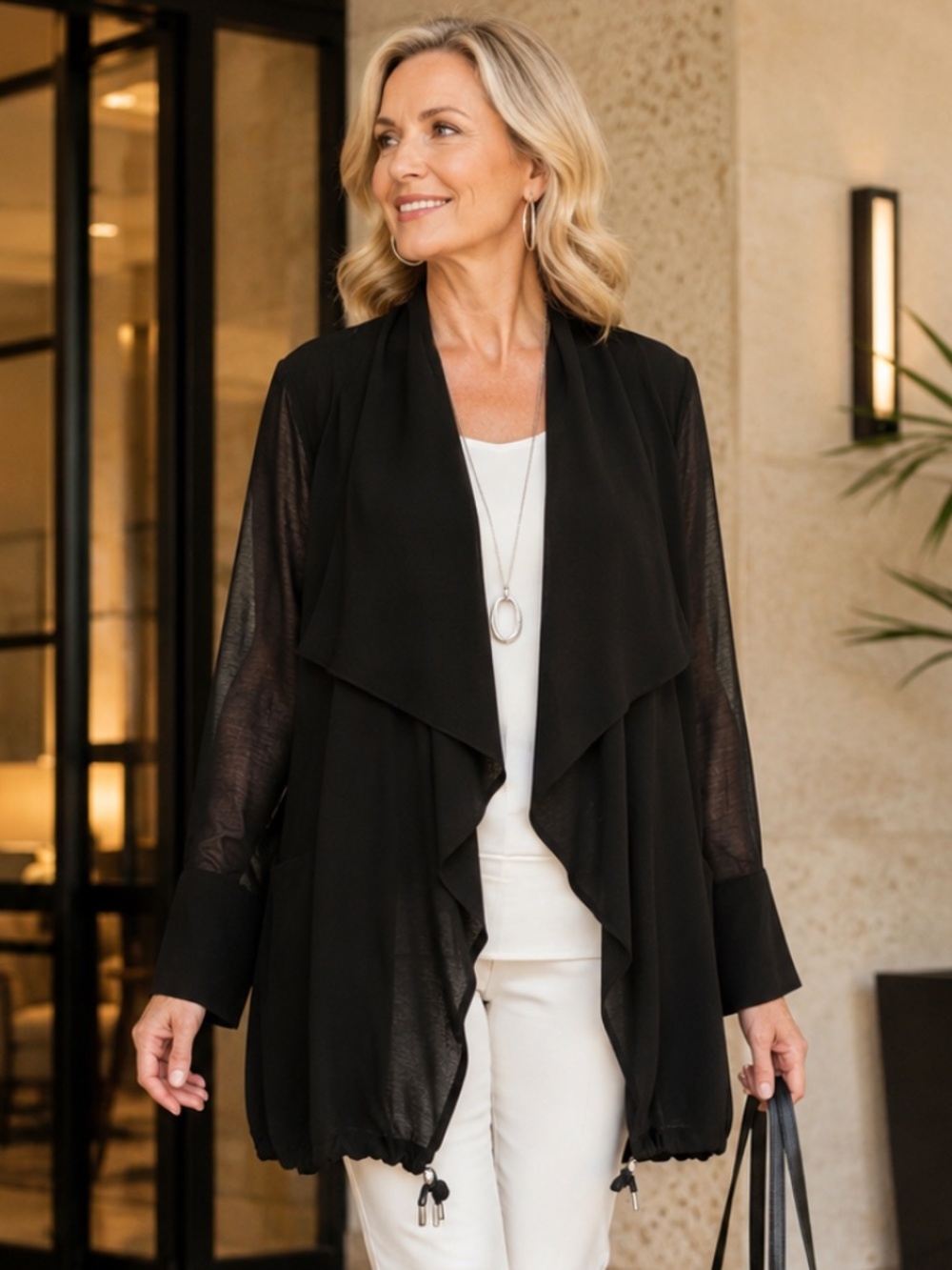 Marla Wynne Black Chiffon Waterfall Draped Open Front Topper Jacket XL NWOT